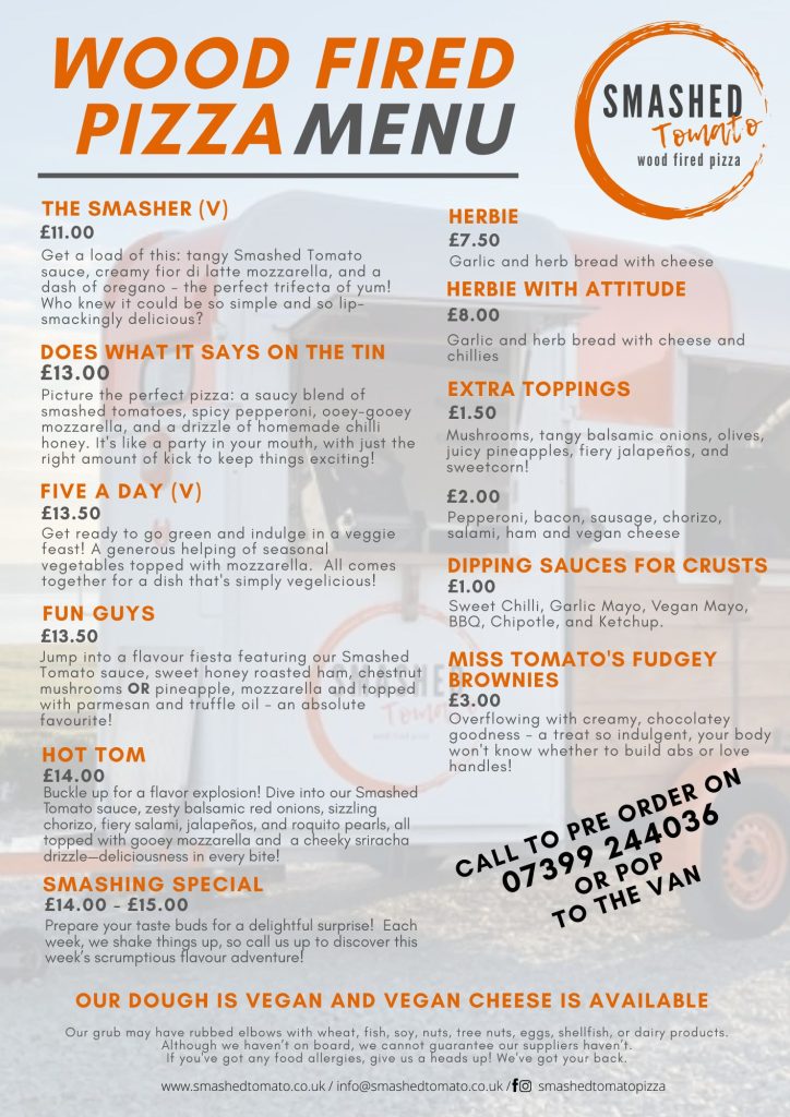 A sample of Smashed Tomato pizza menu for wood fired pizza near me