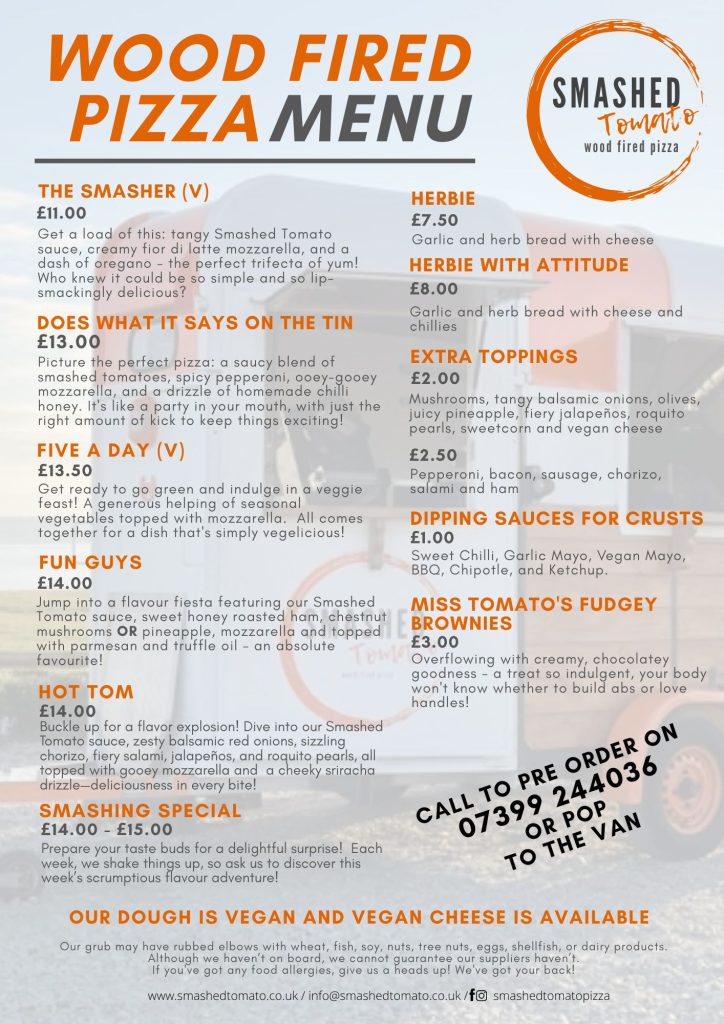 Latest Smashed Tomato summer menu for wood fired pizza in cornwall